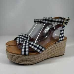 J.Crew Women's US 8.5 Navy Blue Gingham Flatform Espadrille Wedge Sandals L4669